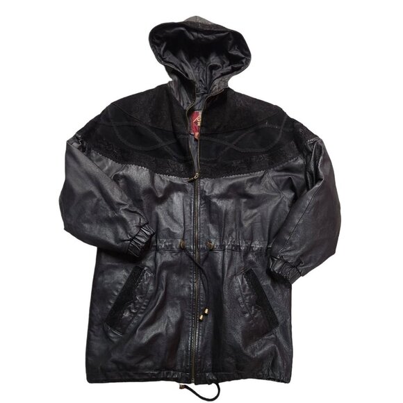 G-III Leather Jacket Womens Sz‎ Small Oversized Suede Cinched Waist Black Hooded - Picture 1 of 14